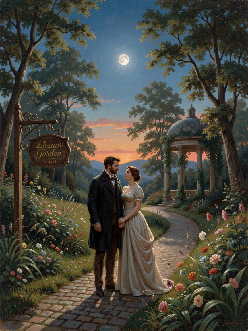 Two figures wait together at a moonlit garden path under a warm summer sky.
