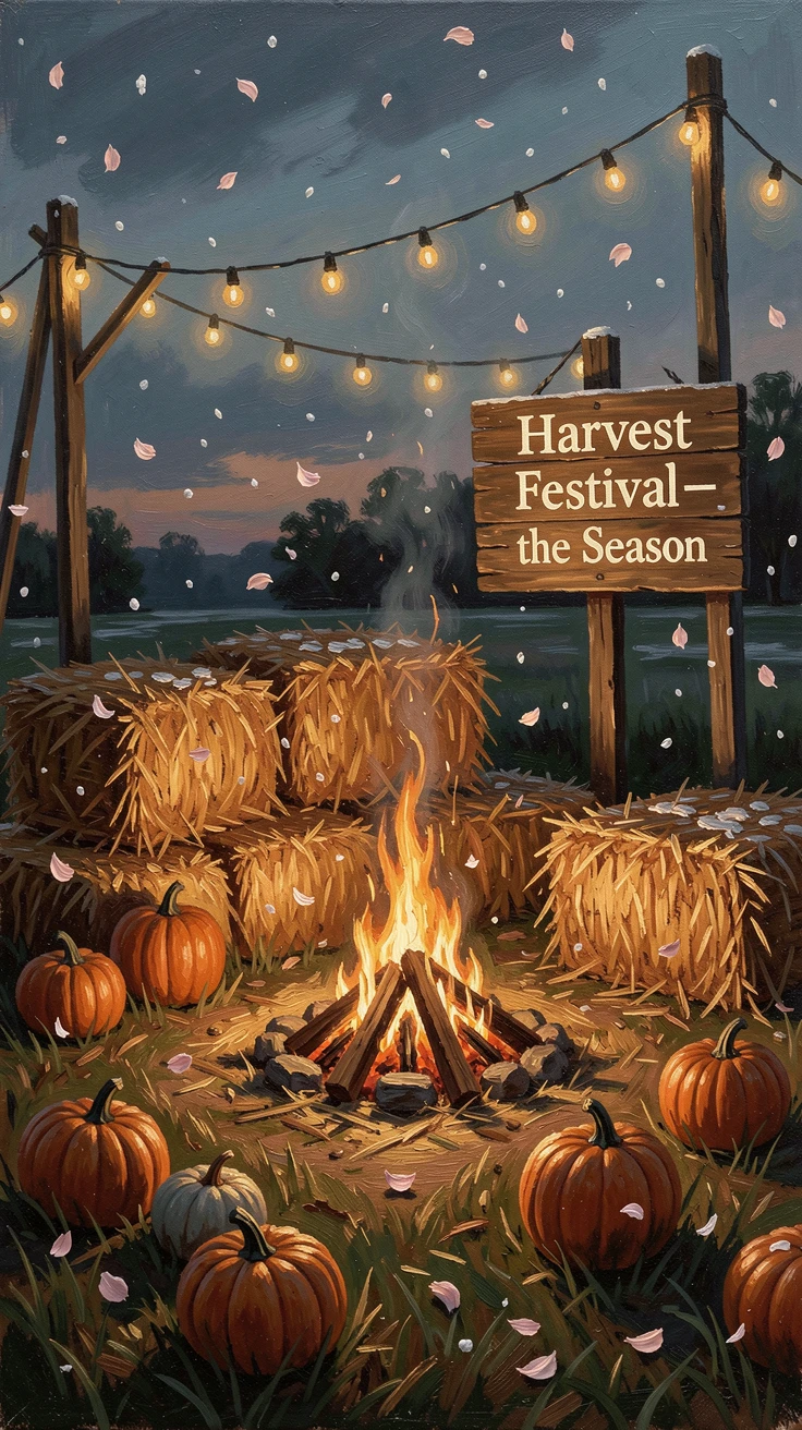A harvest festival with hay bales, pumpkins, and glowing string lights, as soft snow or flower petals drift gently through the air, designed to bring festive cheer to any home or gallery wall