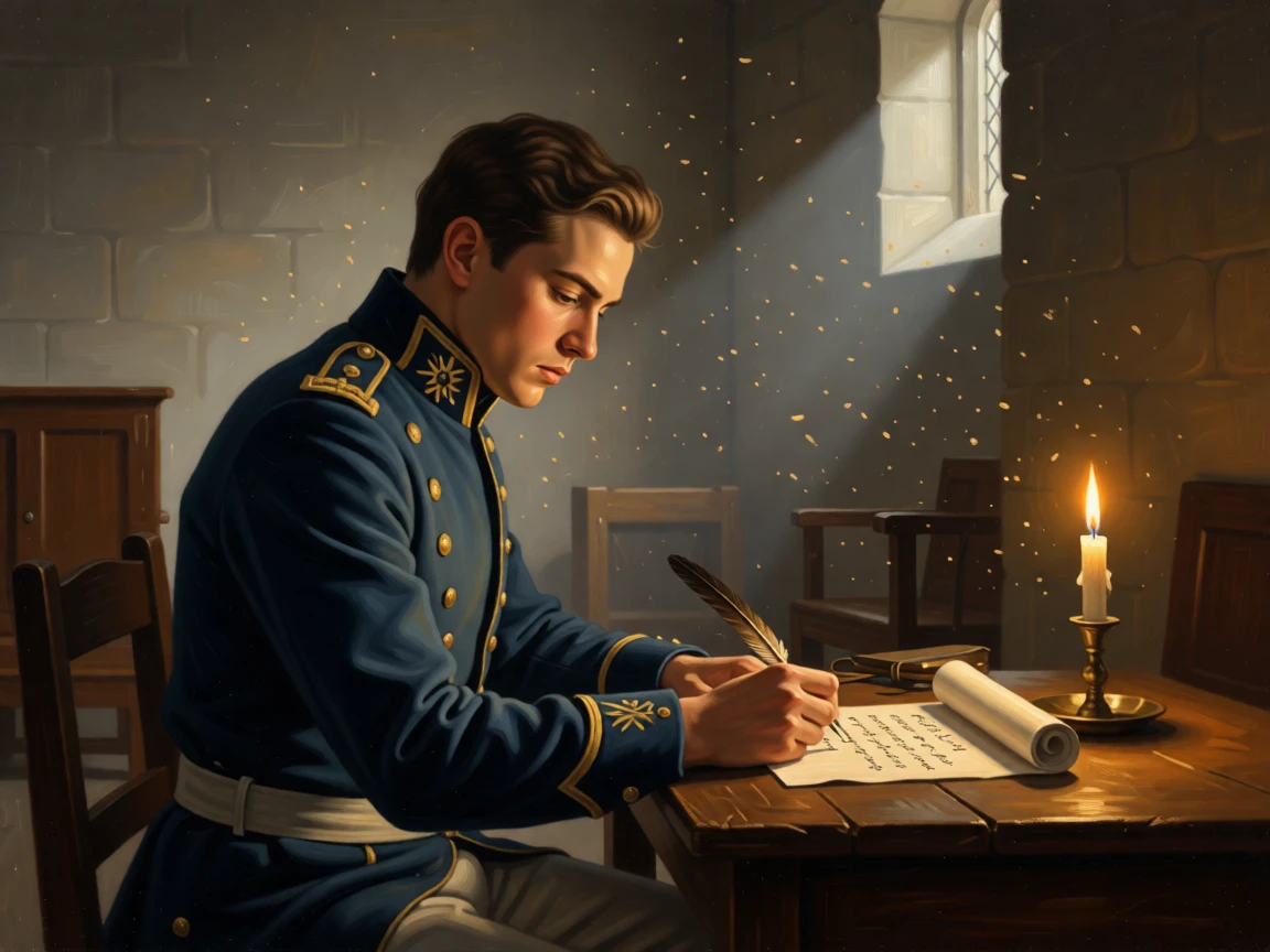 A soldier writing a letter home by candlelight caught between one breath and the next, set in a candlelit chapel side room, with dust motes drifting visibly in a beam of window light; the pose is turned gently off-center for a natural, candid feel, evoking tenderness, memory, and unspoken emotion.