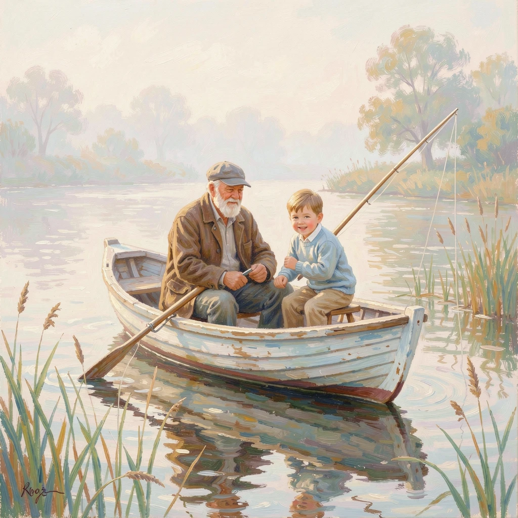 A grandfather and grandson fishing together from a small wooden rowboat on a misty morning lake, capturing a fleeting moment of pure happiness.