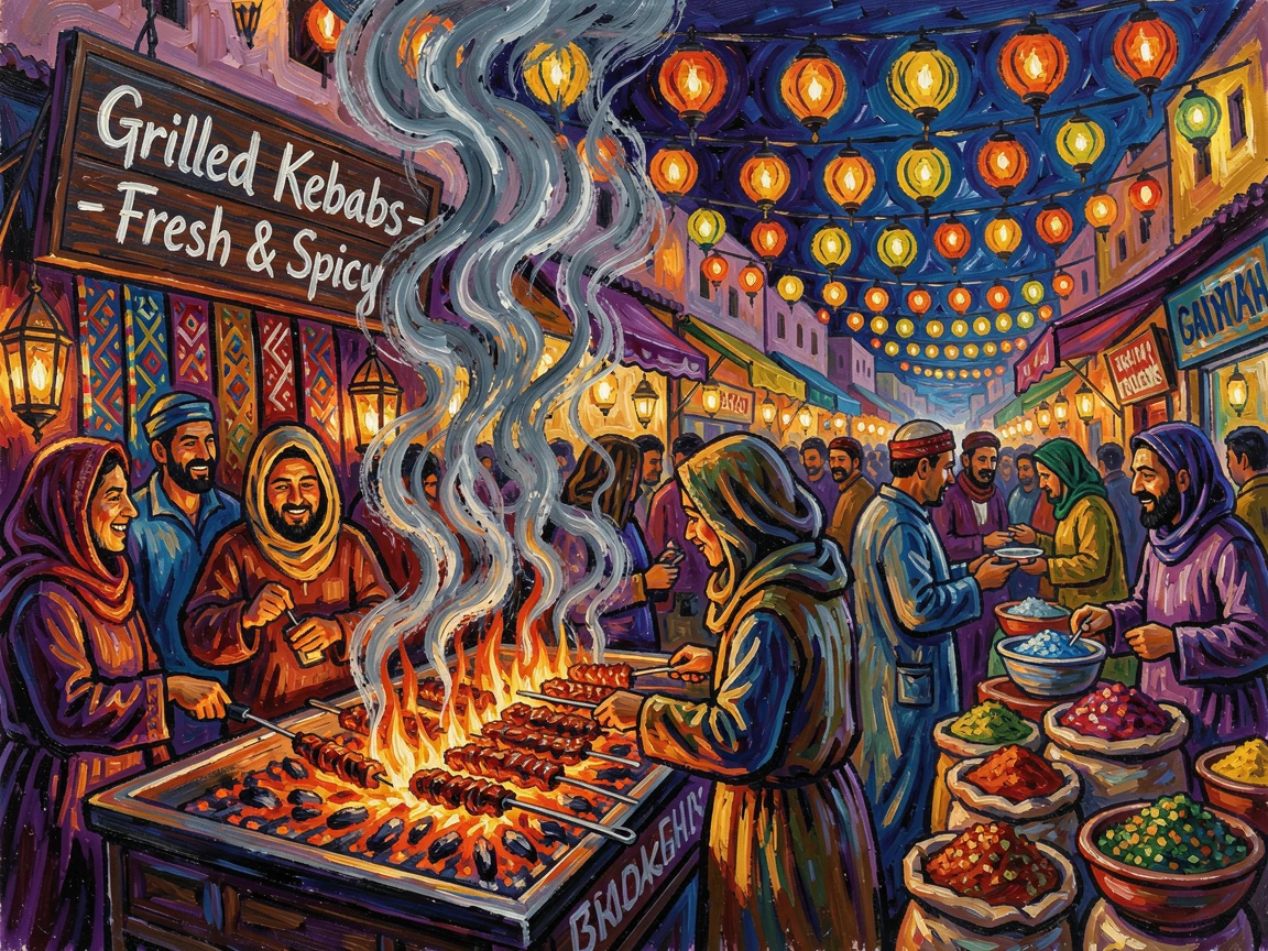 A bustling night bazaar in Marrakech filled with the smoke of grilling kebabs.
