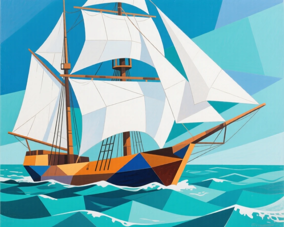A majestic tall ship with white sails billowing across an open turquoise sea.