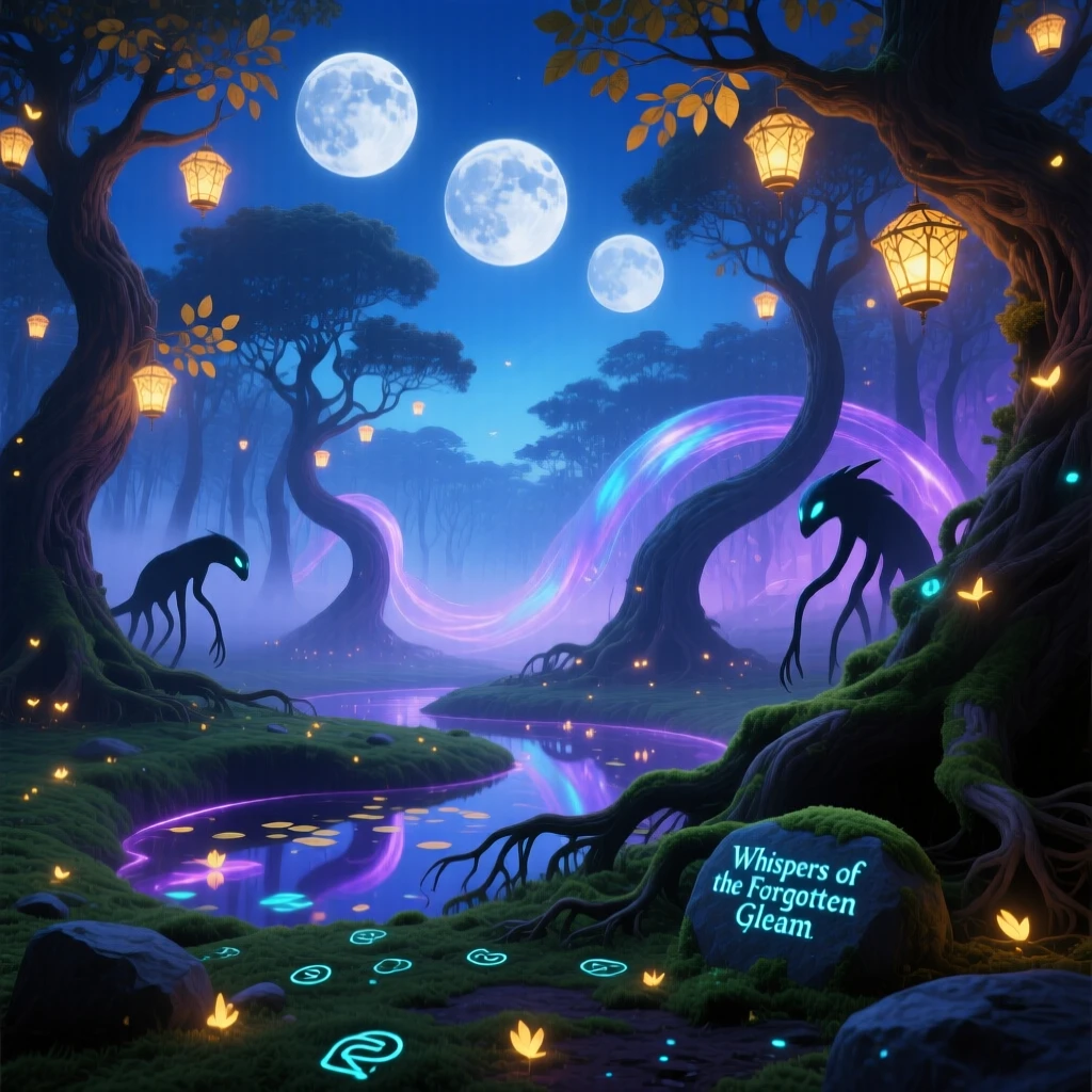 A forest of trees whose leaves are tiny glowing lanterns lies silent under the pale glow of three distant moons, as soft light pools in every hollow and crevice.