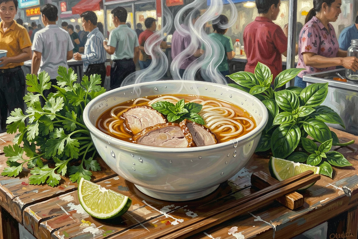 A steaming bowl of pho sits beside fresh herbs and lime wedges on a bustling Vietnamese street food table, steam or condensation visible in small details that suggest the dish was just prepared.