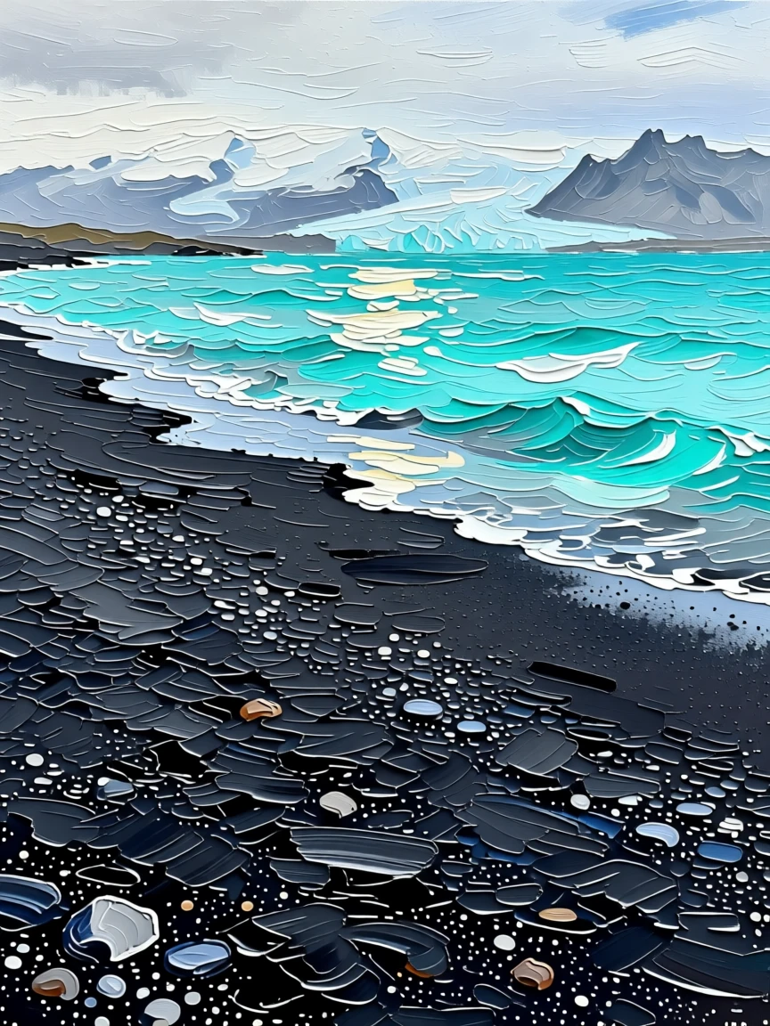 A field of Iceland's black volcanic sand meeting turquoise glacial water