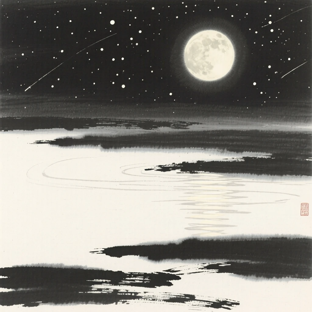 Moonlight glimmers softly across the surface of a still lake, beneath a canopy of scattered stars.