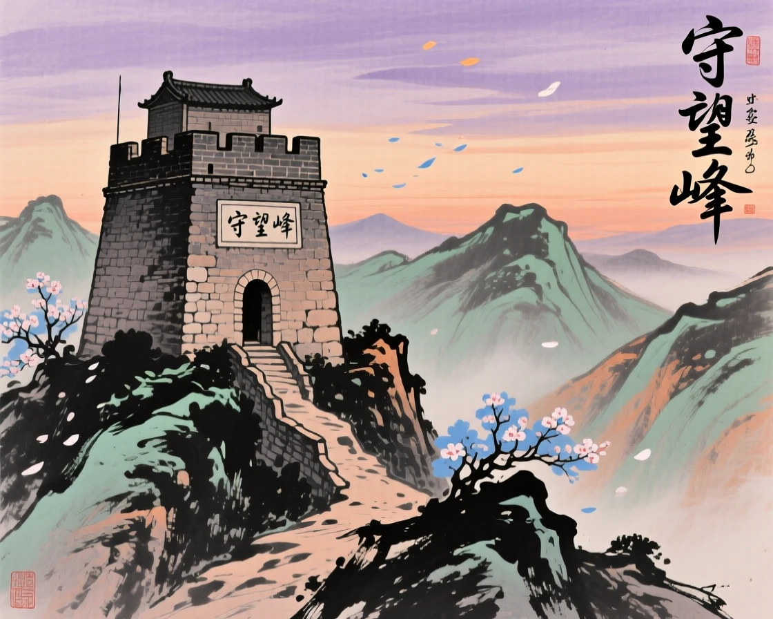An old stone watchtower standing guard over a mountain pass, in a warm breeze carrying the scent of blossoms, at dusk.