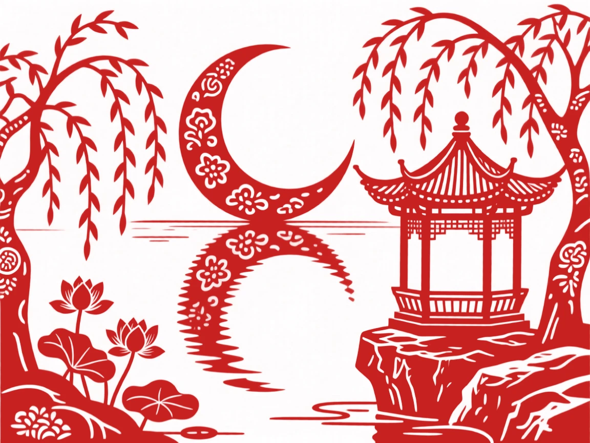 A crescent moon reflected in a still lake ringed by weeping willows, a small pavilion perched on a stone outcrop at the water's edge