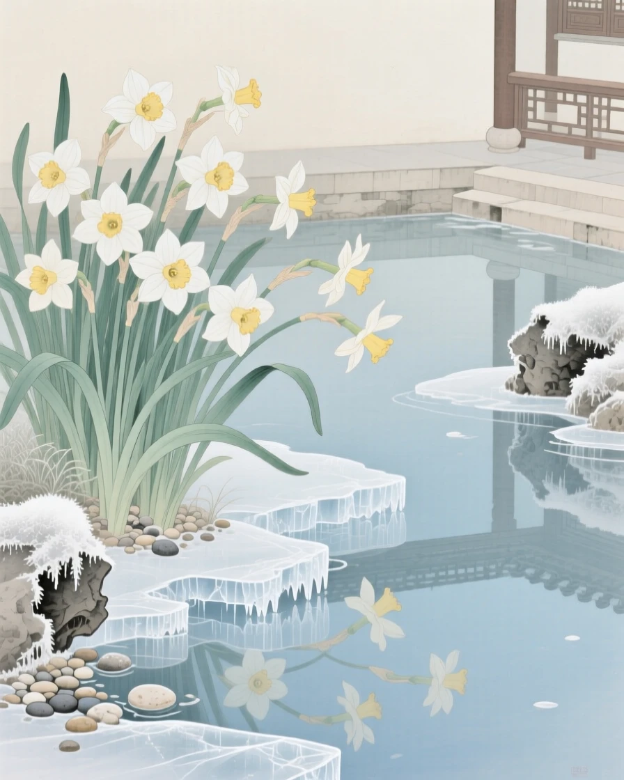 Narcissus blooming beside a frozen stream reflected in the still water of a courtyard pond