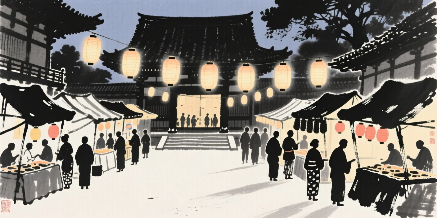 A midsummer evening market lit by paper lanterns within a quiet temple courtyard, framed to capture both intimate detail and the wider atmosphere, evoking festive warmth and communal joy.