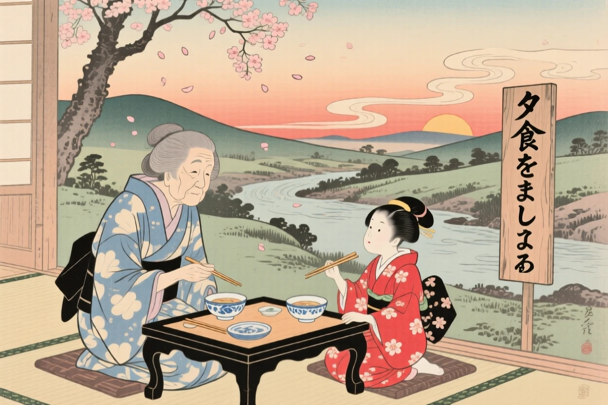 A grandmother and grandchild sharing a meal together at sunset.