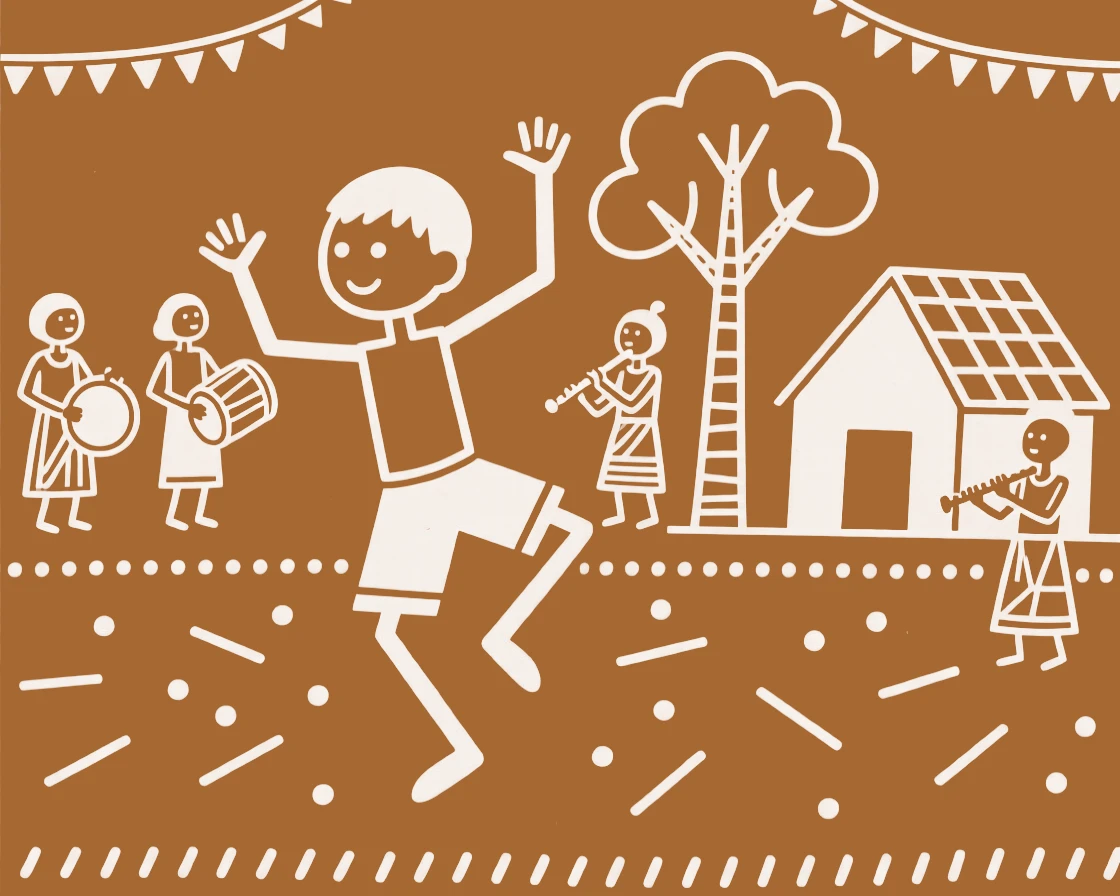 A shy young boy dancing joyfully during a festival.