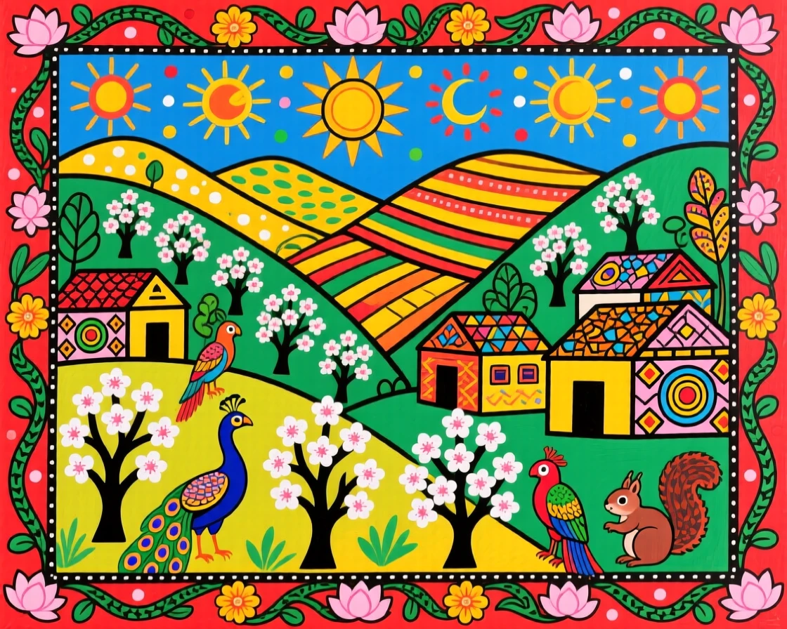 A hillside village overlooking a valley of blooming almond trees.