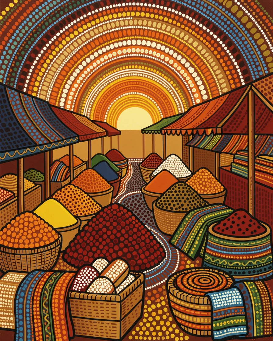 A market bustling with colorful spices and textiles at sunrise