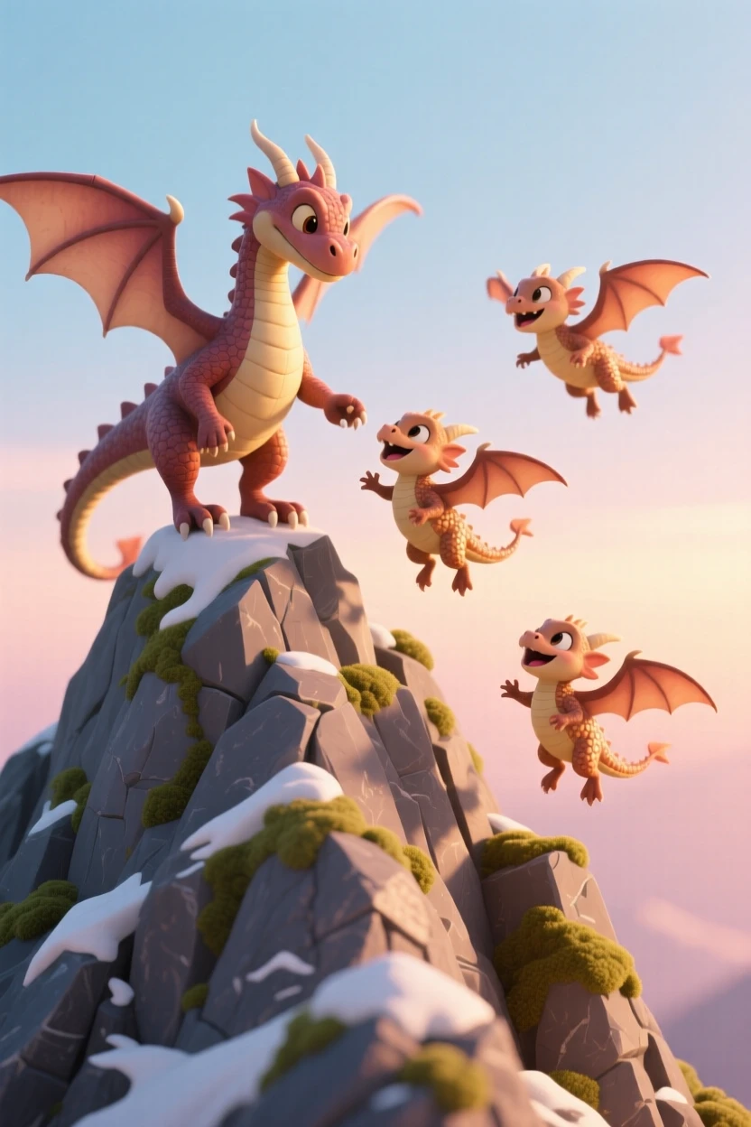 A dragon teaching baby dragons to fly for the first time above a mountain peak at sunrise.