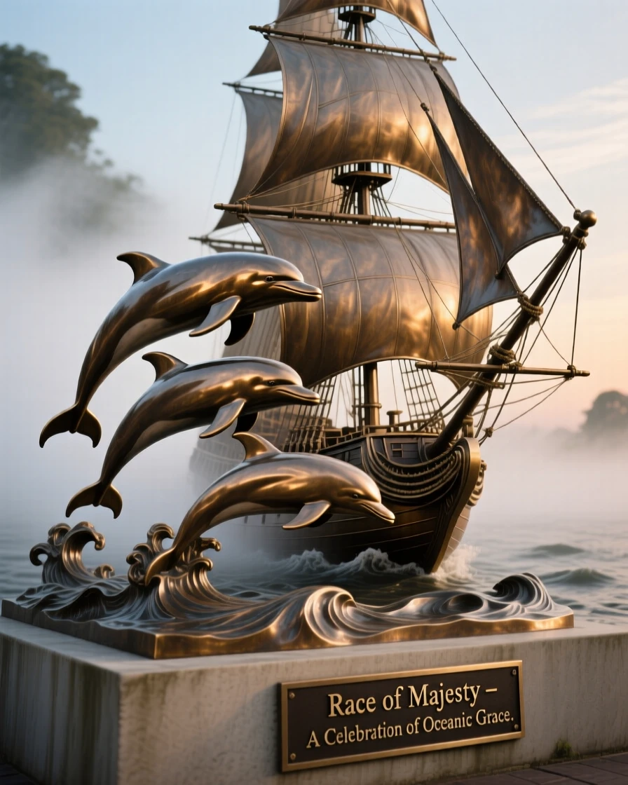 A pod of dolphins racing alongside a sailing ship, surrounded by atmospheric mist and light, evoking wonder and majesty