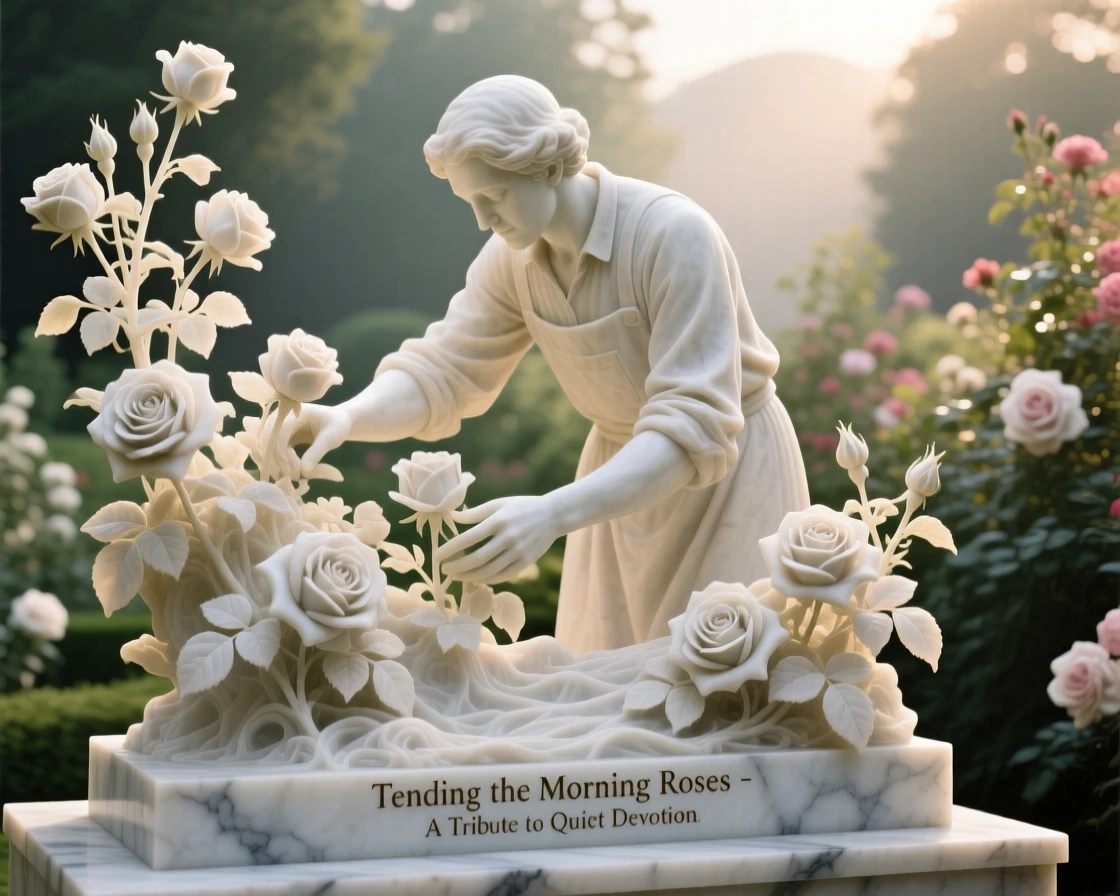 A beautifully composed image of a gardener tending roses in early morning light, surrounded by soft, glowing light, full of atmosphere and visual storytelling