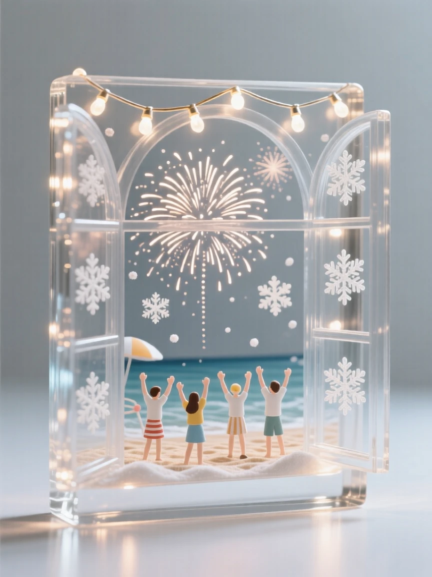 Beneath strings of twinkling holiday lights, fireworks bursting above a summer beach celebration, while snowflakes drift slowly past the window