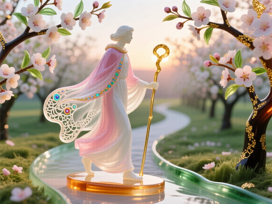 A lone traveler crossing a blossoming cherry orchard path at dawn, peaceful and picturesque.