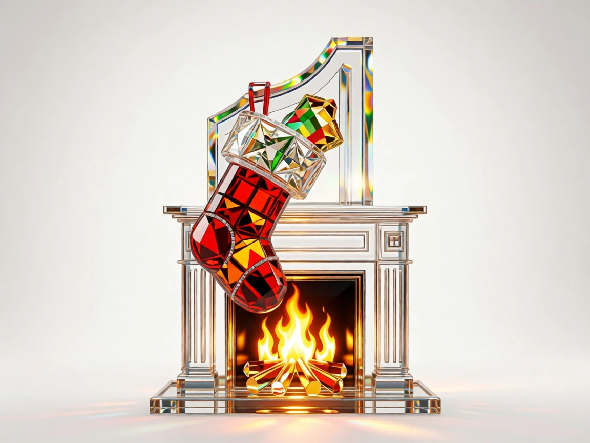 A cozy Christmas stocking scene hung by a crackling fireplace.