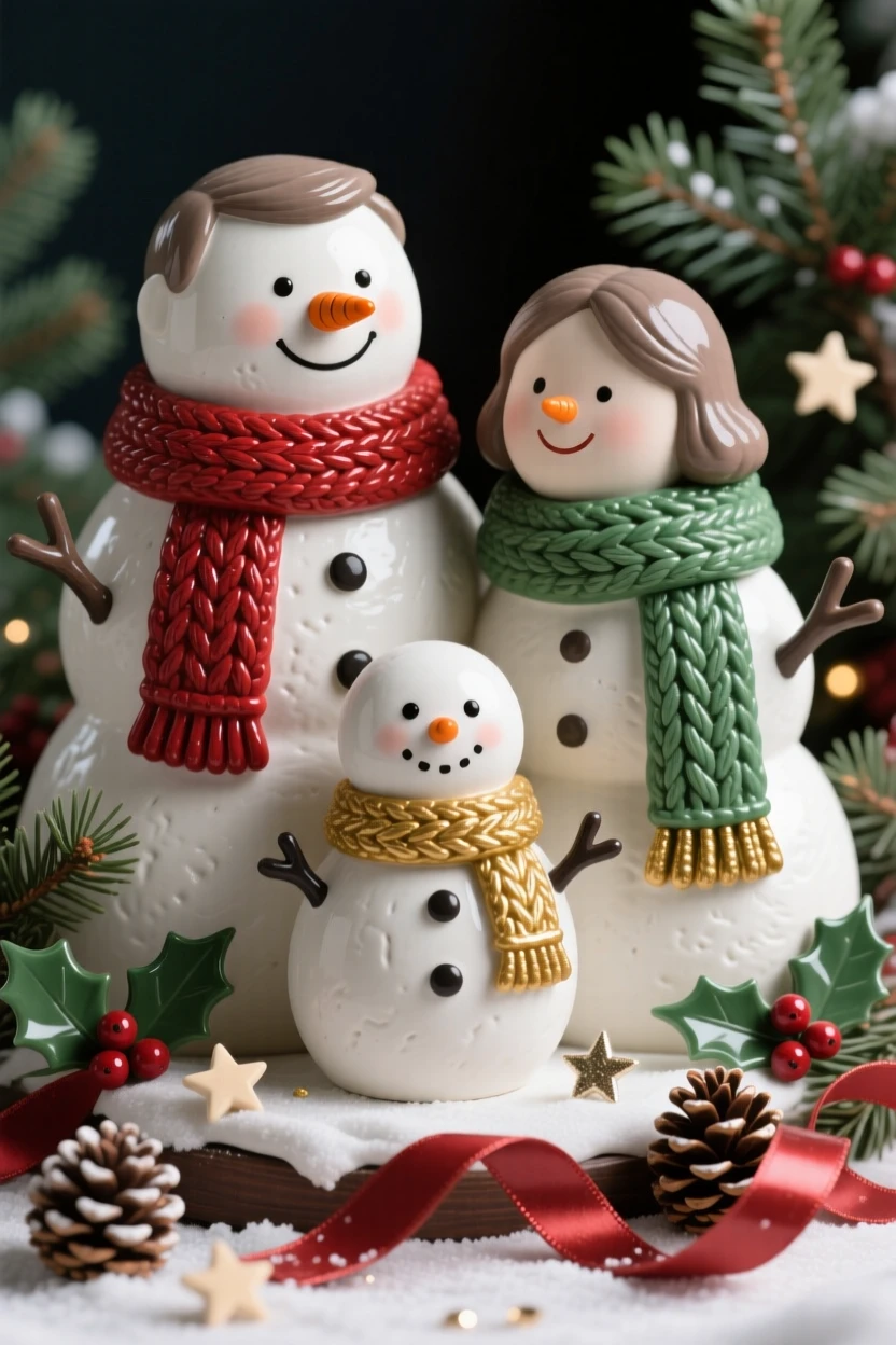 A family of snowmen wearing scarves posed amid seasonal decorations, wrapped in ribbons and festive trimmings, evoking festive joy and warm togetherness.