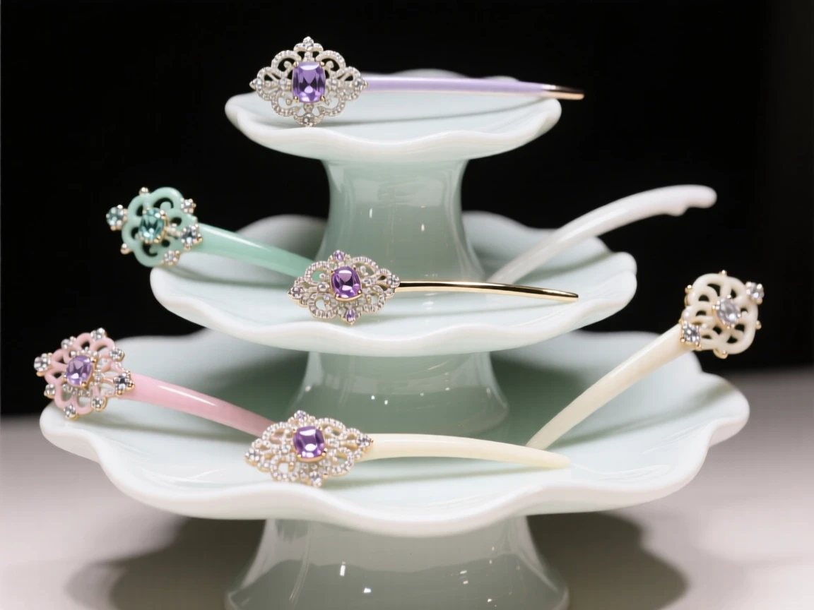 A collection of jeweled hairpins arranged on tiered display stands, each piece catching the light differently.