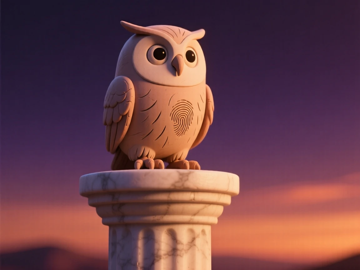 Athena's owl perched silently on a marble column at dusk