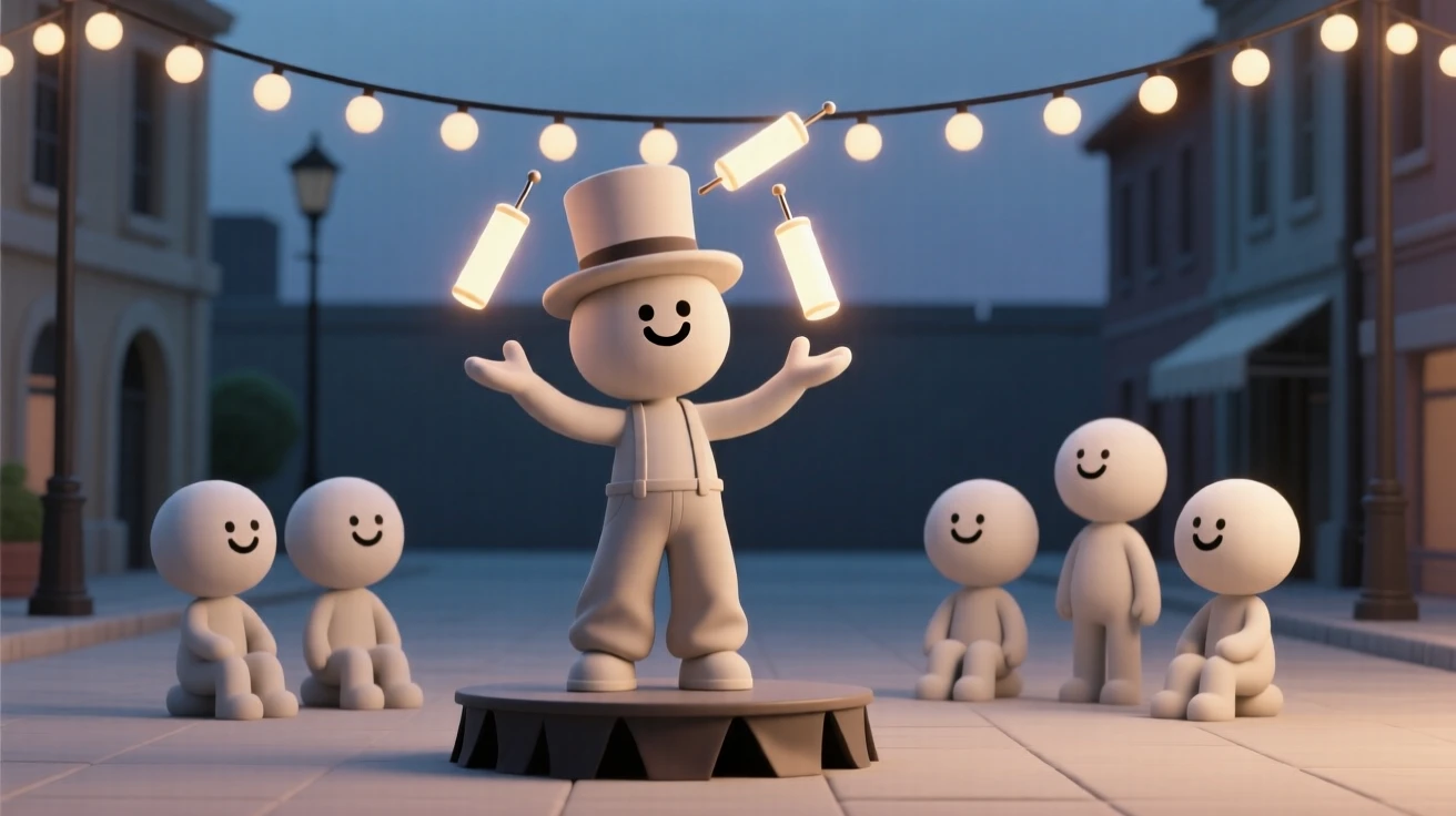 A cheerful street performer juggles glowing pins for a delighted evening crowd gathered beneath string lights.