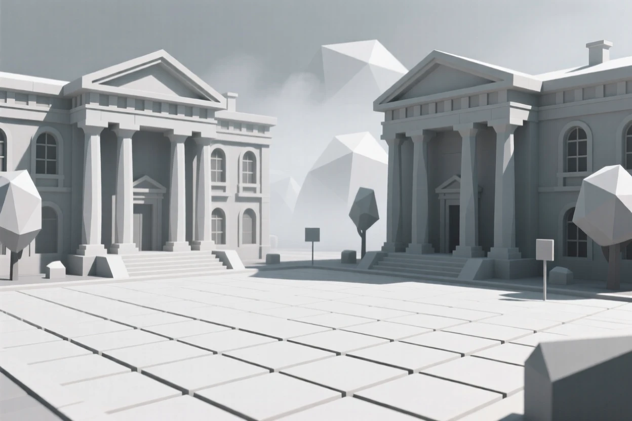 A grand plaza framed by classical architecture, wrapped in early morning fog. fine architectural details are rendered with clarity. The scene feels timeless and charming.