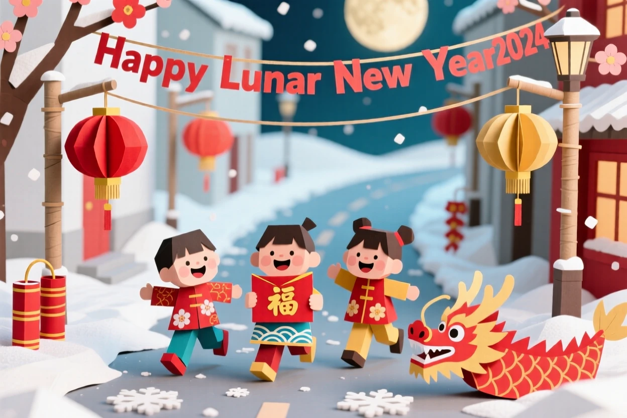A vibrant Lunar New Year street celebration framed by fresh-fallen snow, with children laughing and playing nearby, capturing the spirit of gratitude and joy.