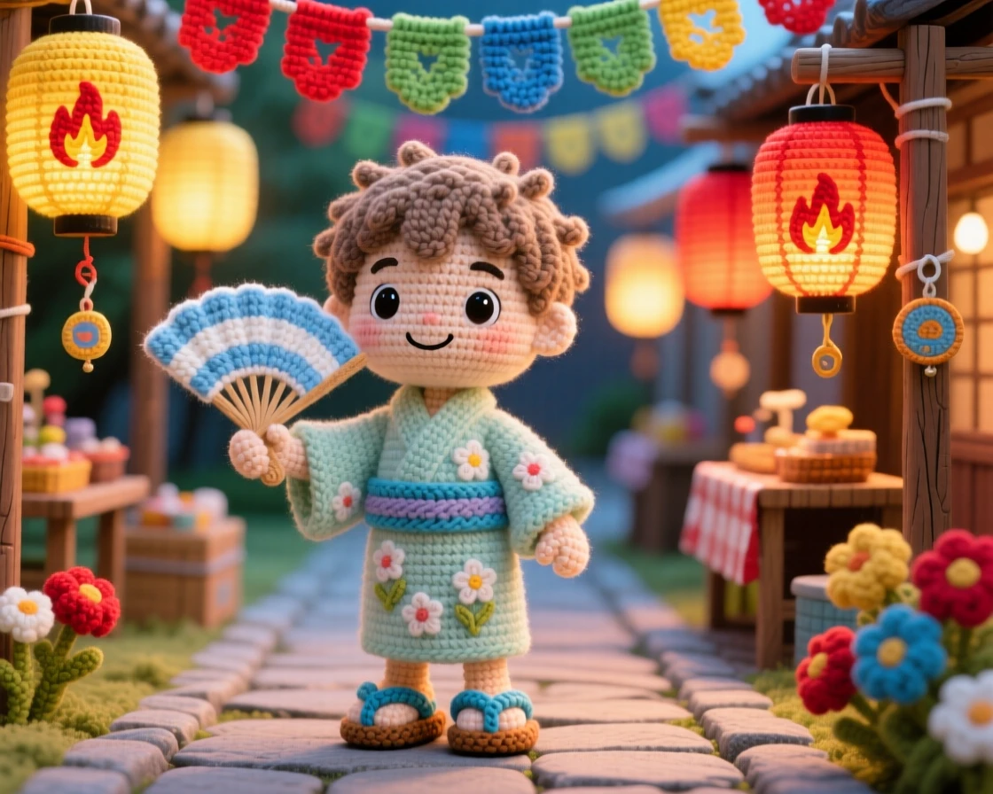 a small boy holding a paper fan, during a summer lantern festival, is shown fanning himself in the warm evening air in a festive market street strung with colorful decorations beside a row of glowing lanterns lining the path, capturing the cheerful spirit of a beloved tradition.