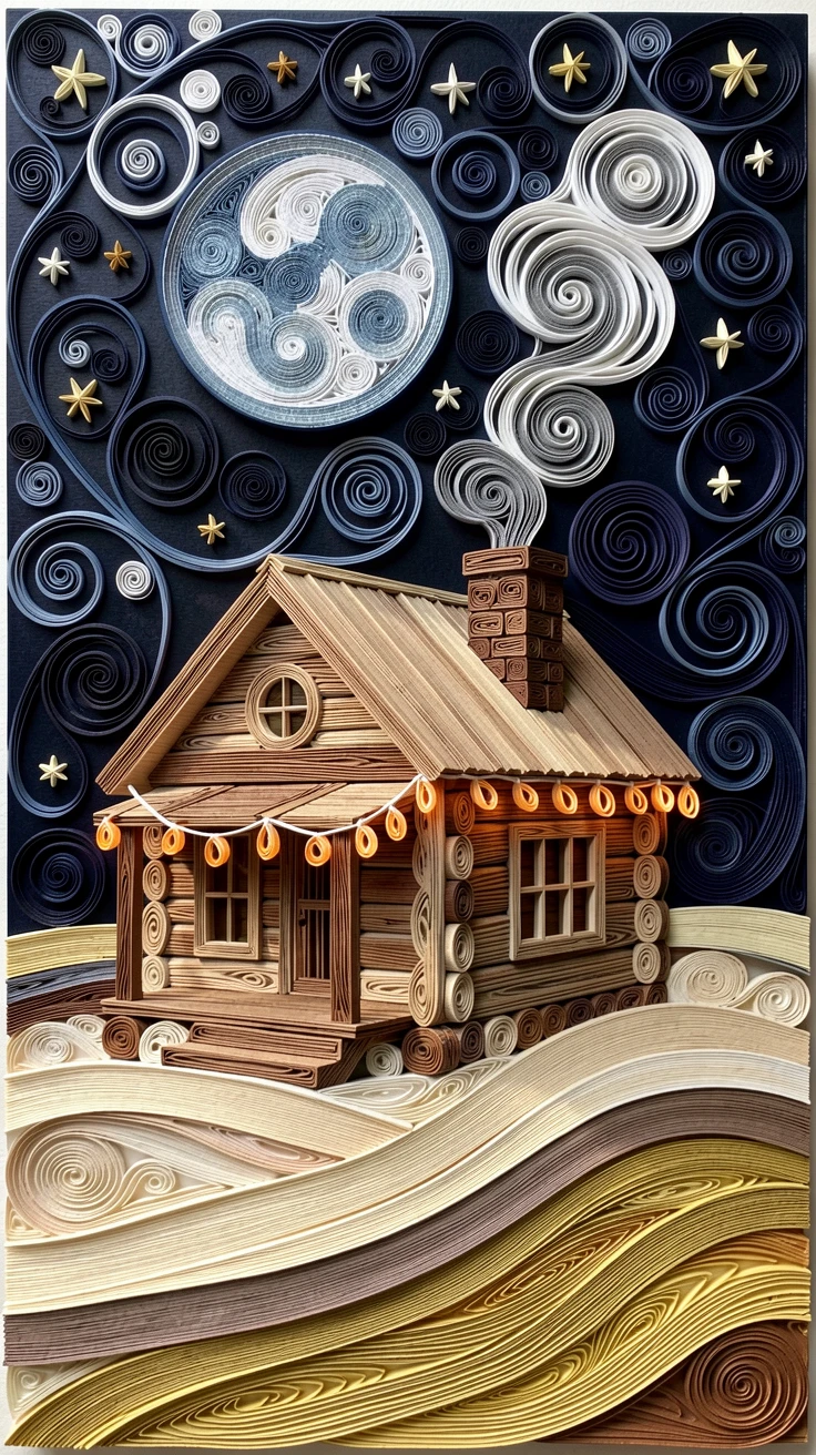 a cozy winter cabin with smoke curling from the chimney, on a moonlit beach during a warm summer evening, composed with a cozy, inviting central focal point, under the warm glow of string lights.