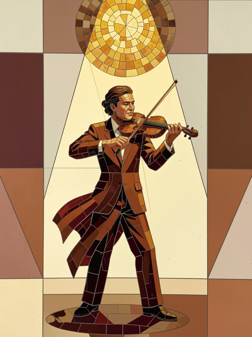 A violinist performing passionately under a warm spotlight.