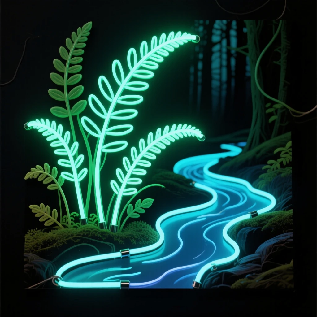 A patch of wild ferns unfurling beside a quiet forest stream.