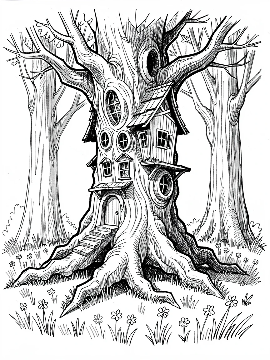 A cottage built into the trunk of a giant tree in a meadow beneath towering trees.