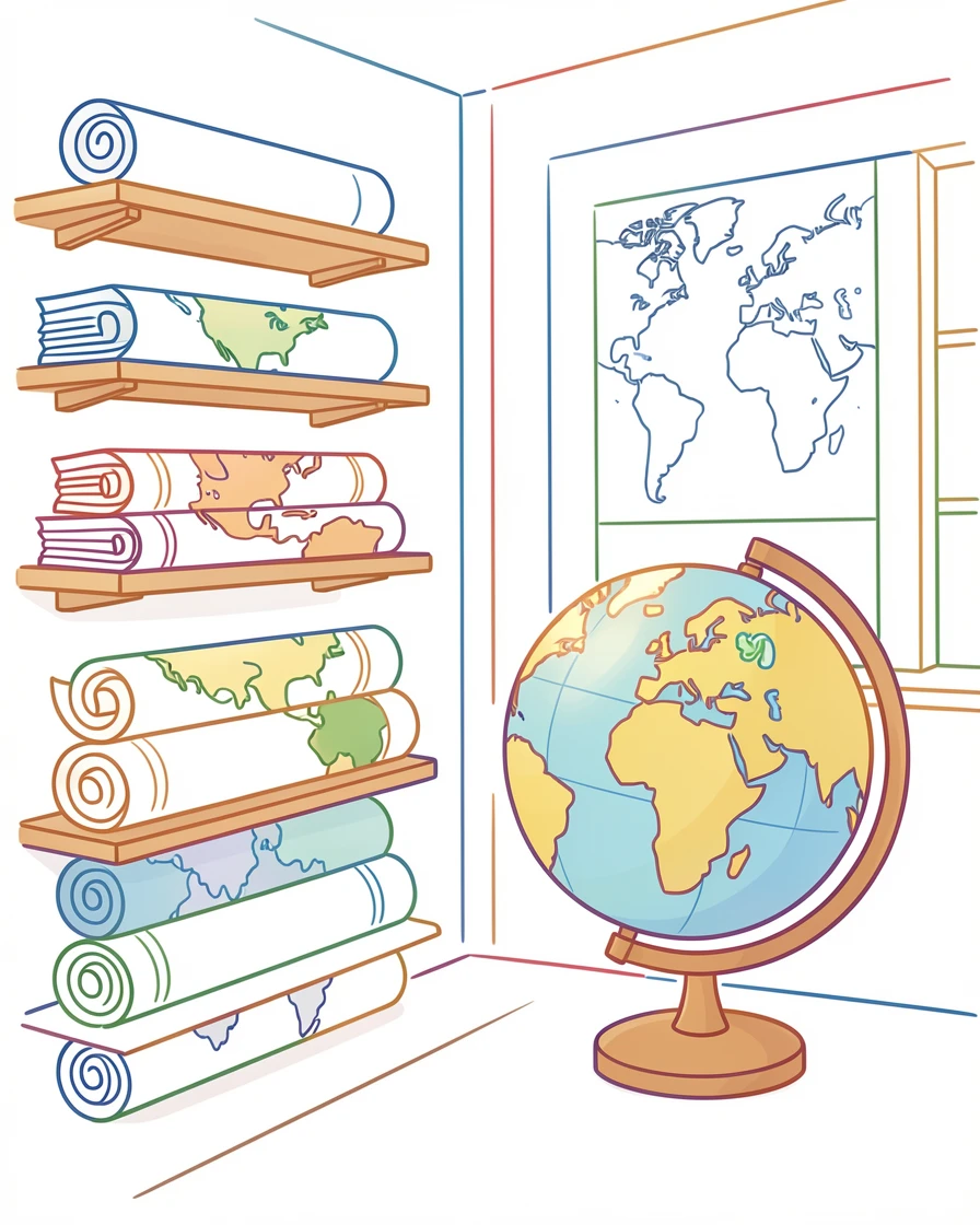 A quiet map shop interior with rolled charts and a large wooden globe.