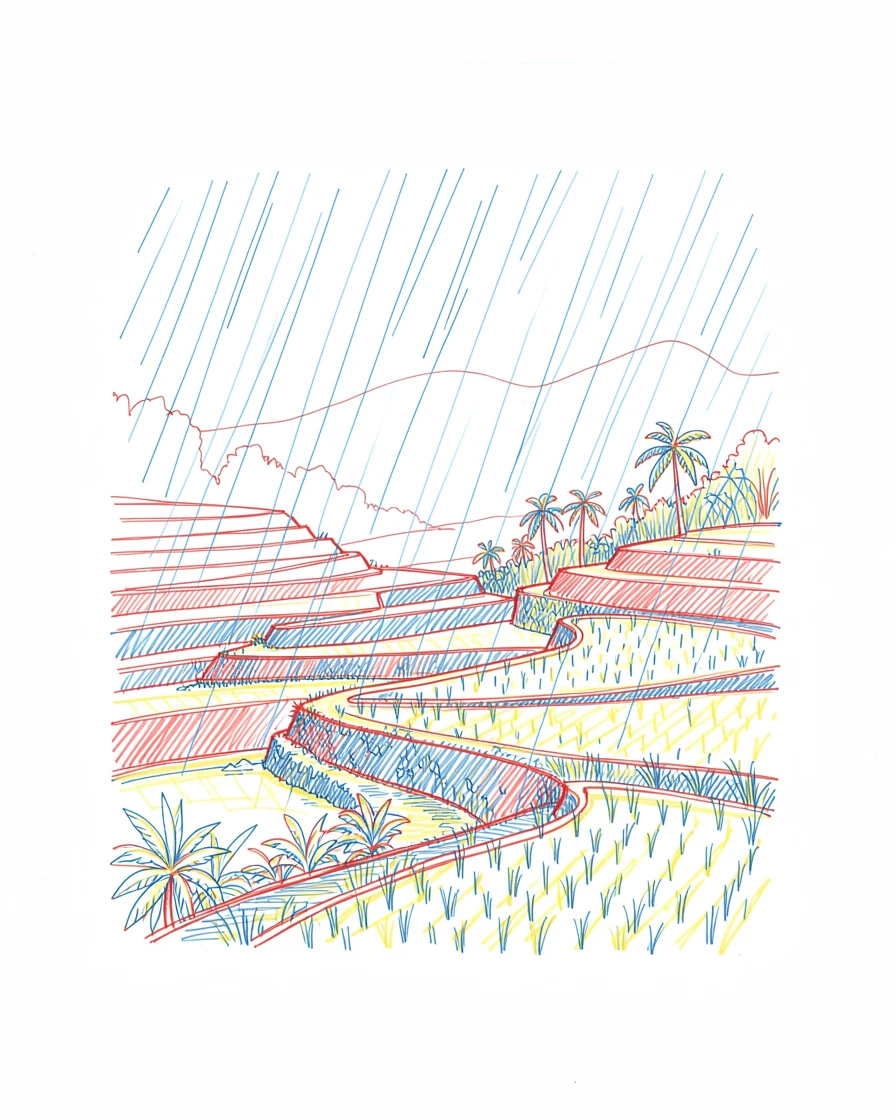 A tropical monsoon rain pouring over a lush rice terrace