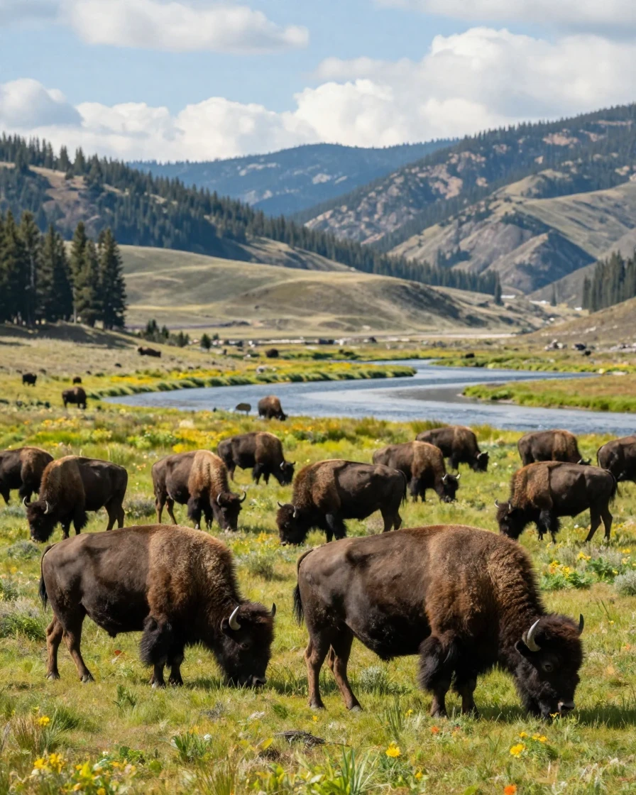 A bison herd grazing in a Yellowstone valley