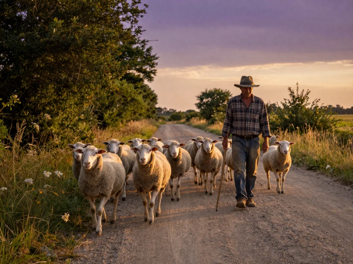A shepherd guides a flock of sheep down a narrow dirt road at dusk.