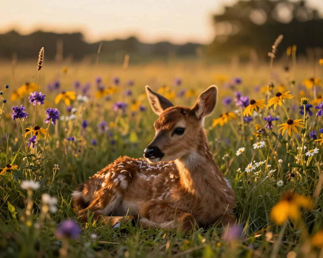 A young fawn basking lazily in warm sunlight through a field of tall wildflowers as the day slowly fades