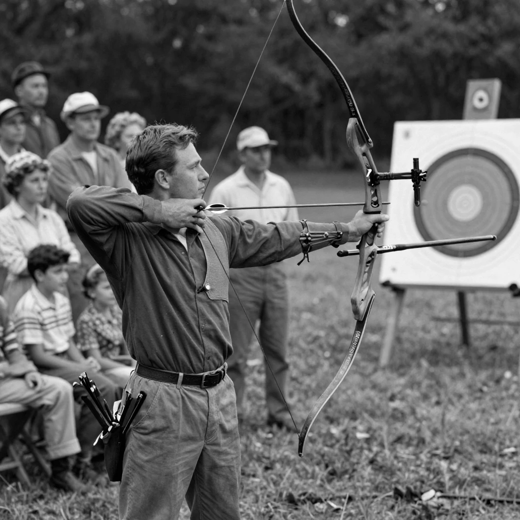 A archer releases an arrow toward a distant target before a small crowd of spectators.