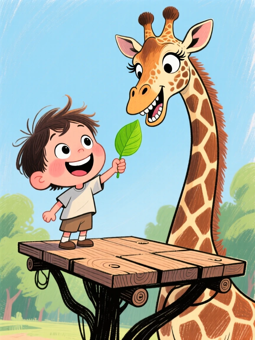 A child feeding a friendly giraffe a leaf from an elevated platform.