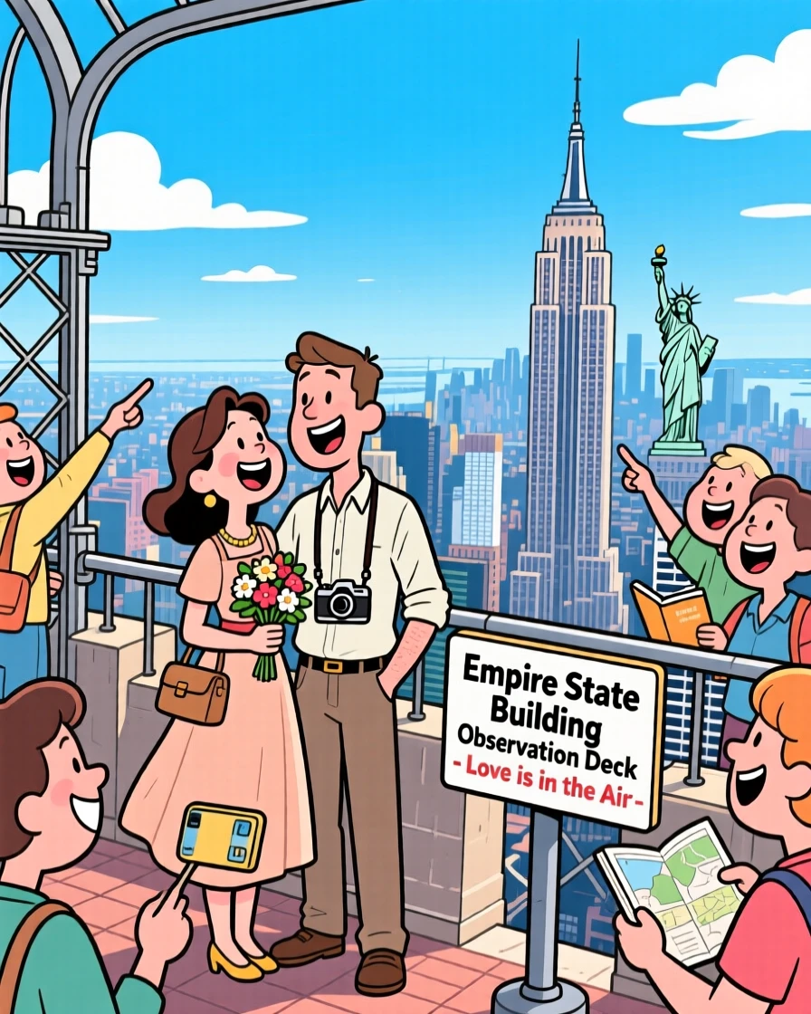 An iconic travel scene featuring a honeymooning couple taking in the view from the top of the Empire State Building, surrounded by cheerful fellow travelers.