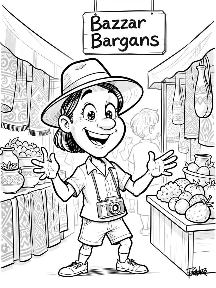 [Travel & Cultural Experiences] Vivid travel scene of an adventurous cruise passenger haggling cheerfully at a bazaar, full of wonder and adventure