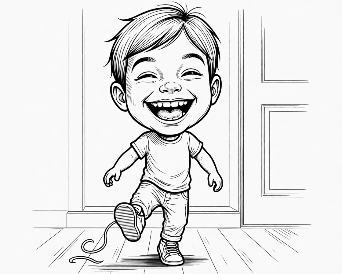A kid triumphantly missing a tooth with a huge grin, marching confidently despite the obvious mistake, set on a sunny front porch. A shoelace trails untied and forgotten. It's a burst of pure, unfiltered childhood joy.