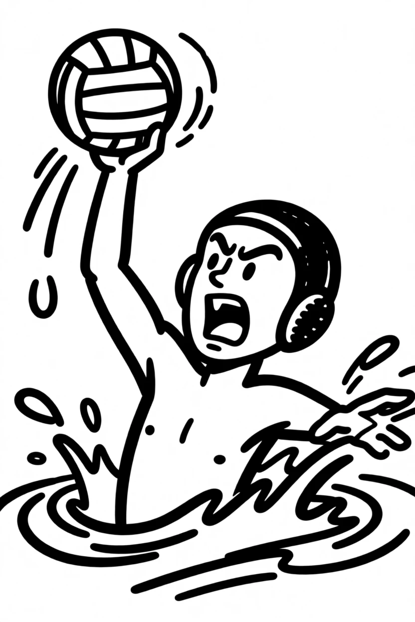 A water polo player launching the ball toward the goal amid a splash of water.