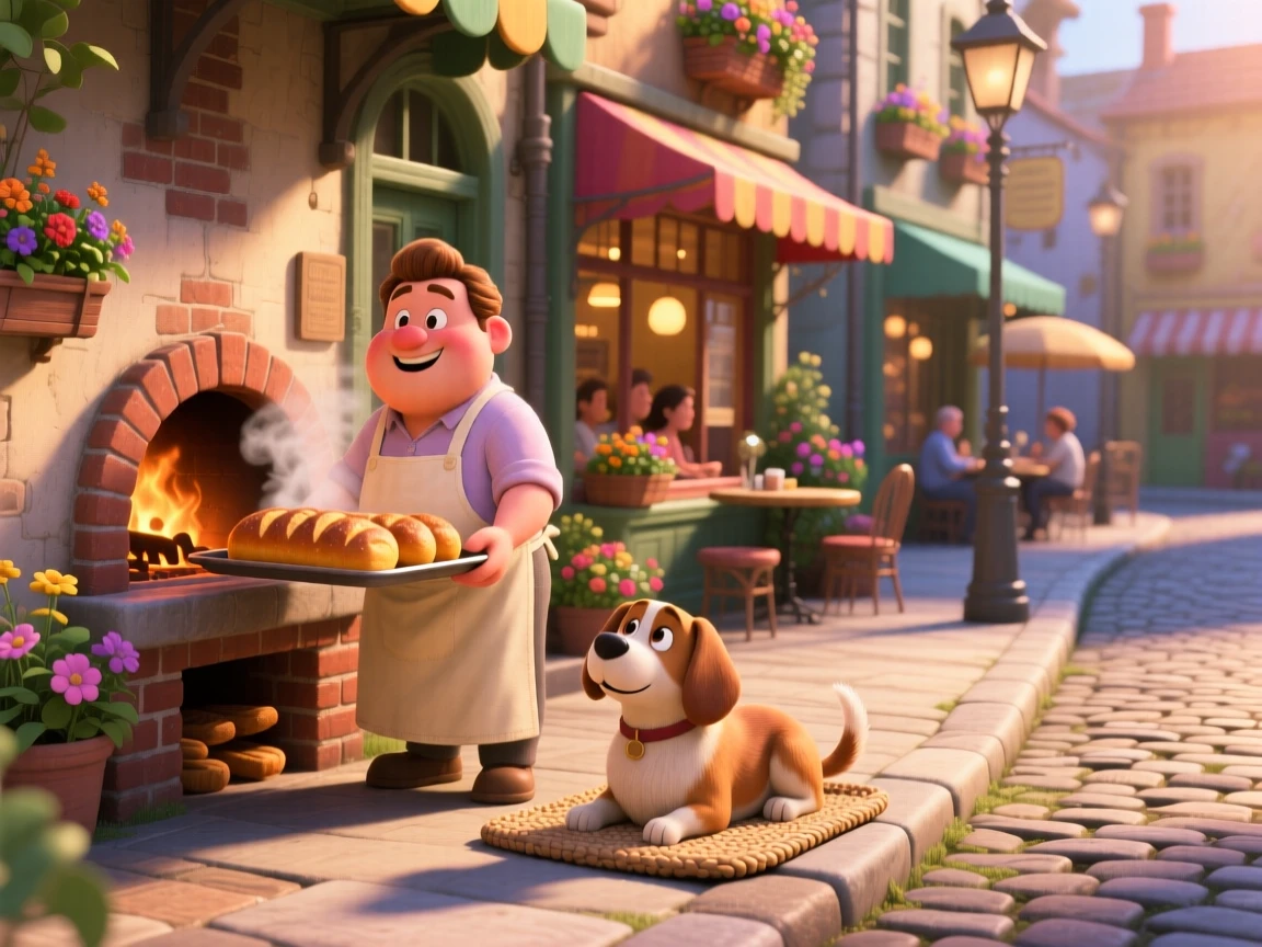 A baker pulling a fresh tray of bread from the oven is captured on a quiet cobblestone street lined with cafes, with a friendly dog resting nearby. The atmosphere feels cozy, human, and full of small joys.
