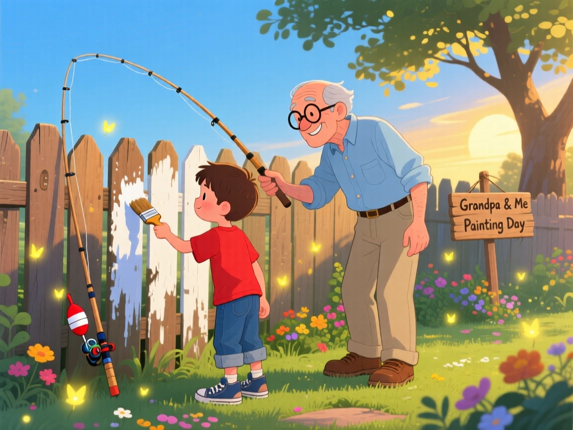 A boy with a fishing rod spends the afternoon painting a fence together on a sunny day with his grandfather, as fireflies begin to twinkle.