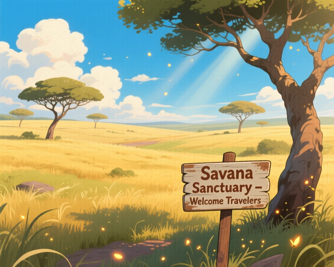 A breathtaking view of a savanna dotted with lone acacia trees, with soft clouds casting slow-moving shadows across the land, under a sky full of drifting clouds, framed with a wide panoramic view.
