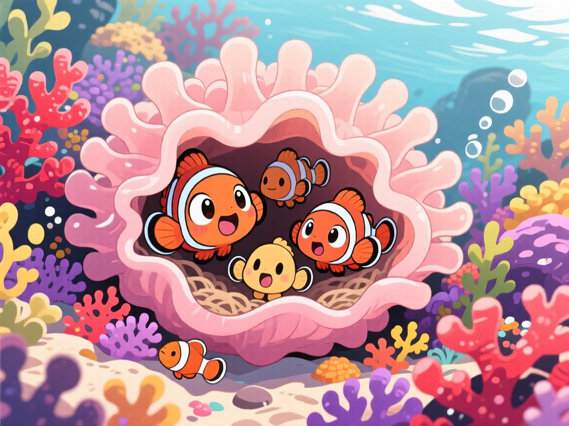 A young clownfish family playing hide and seek in an anemone, framed as a bird's-eye view within a colorful coral reef, on a warm tropical afternoon, glowing under diffused overcast light, evoking peaceful calm.